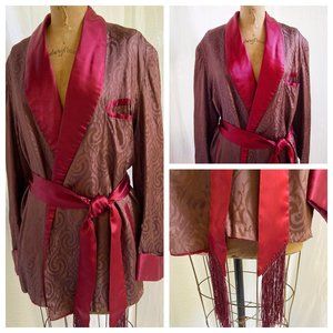 vtg 50s Satin Jacquard Dressing Gown Mens Robe Smoking Jacket Fringe Belt M EUC